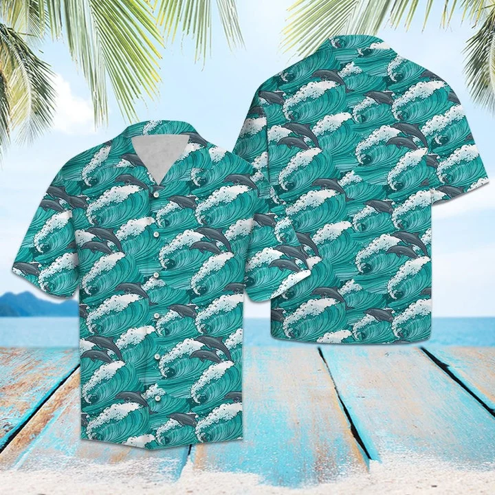 Enticing Dolphin Jumping On Huge Waves Pattern Hawaiian Shirt