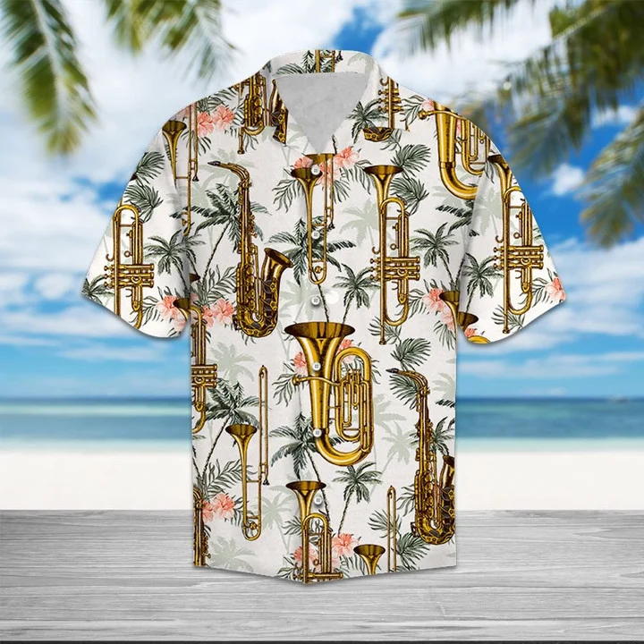 Golden Saxophone With Palm Trees In White Hawaiian Shirt