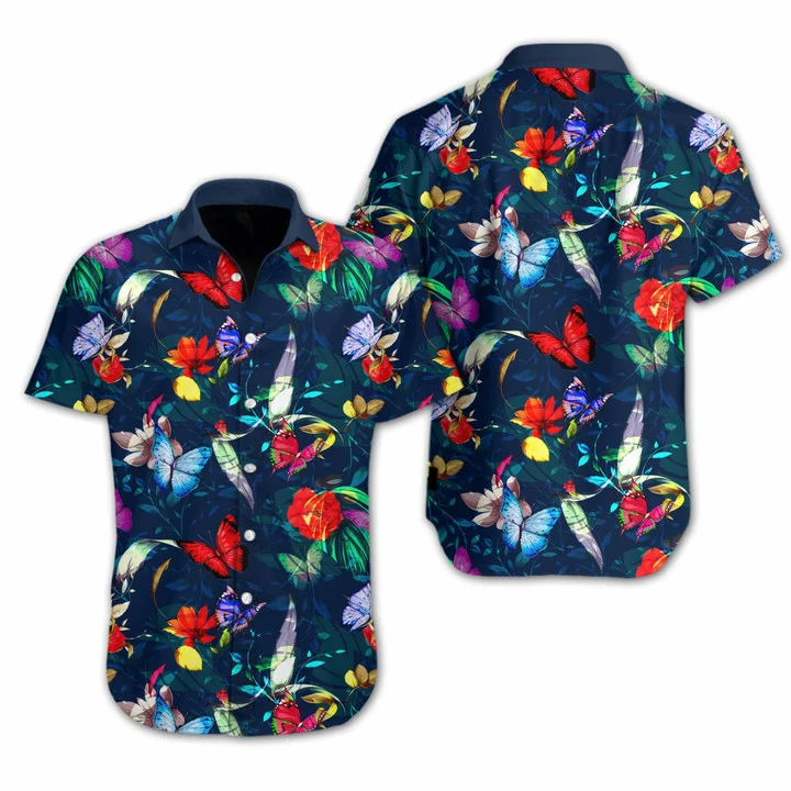 Butterly Flower On Dark Blue Design Hawaiian Shirt