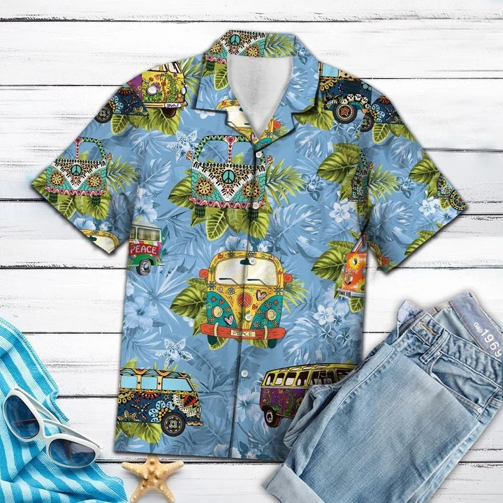 Deluxe Tropical Hippie Bus Mix Blue Theme Hawaiian Shirt