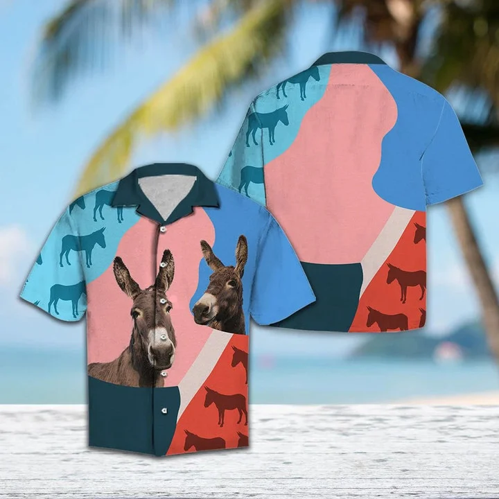 Pink And Blue Geometric With Donkey Hawaiian Shirt