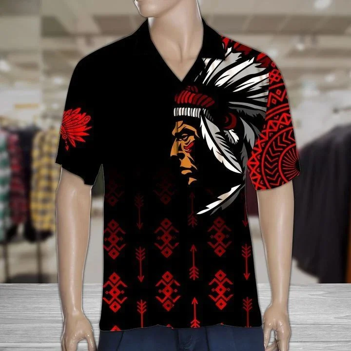 Native American With Hat Of Feathers Black And White Theme Hawaiian Shirt
