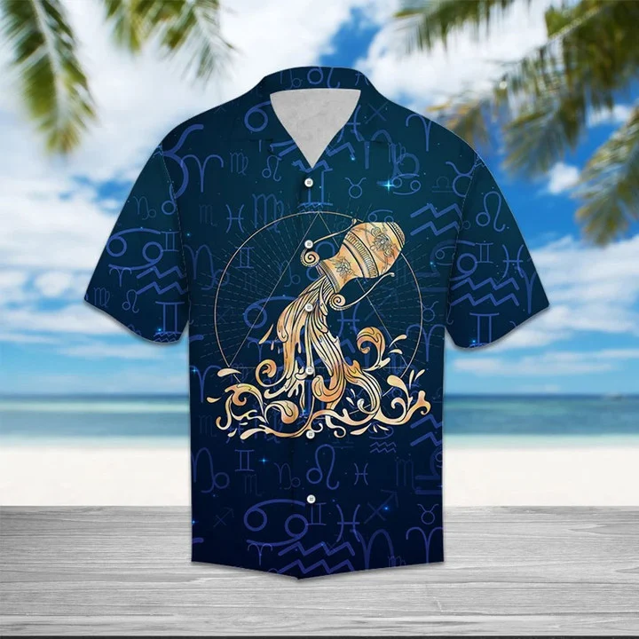 Amazing Aquarius Zodiac Symbol On Blue Pattern Hawaiian Shirt