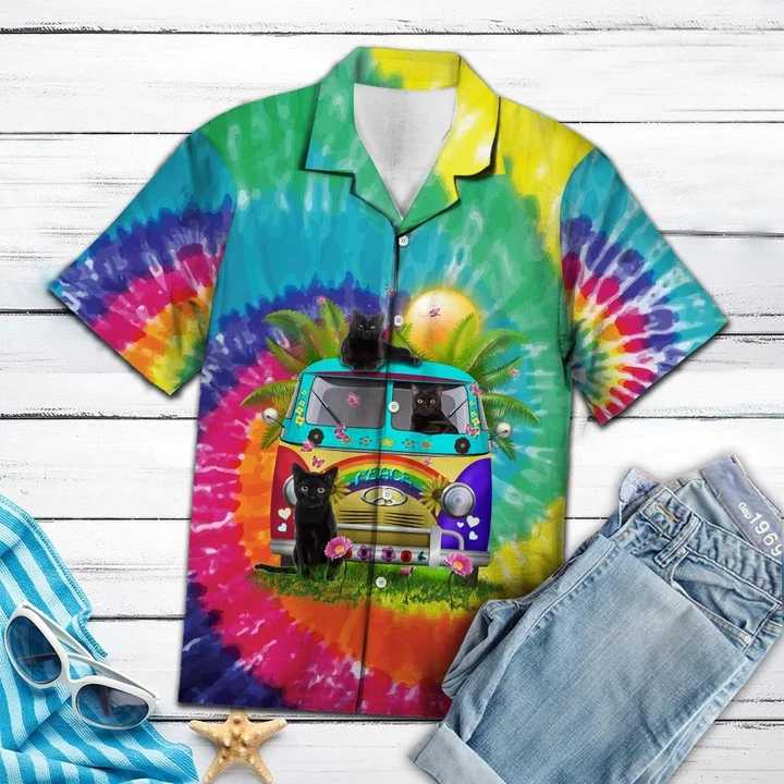 Black Cat Live In The Sunshine Hippie Van Tie Dye Themed Hawaiian Shirt