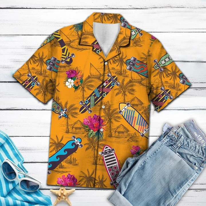Skateboard yellow hawaiian shirt/ Cool Skateboard Tropical Flowers Burned Yellow Background Pattern Hawaiian Shirt