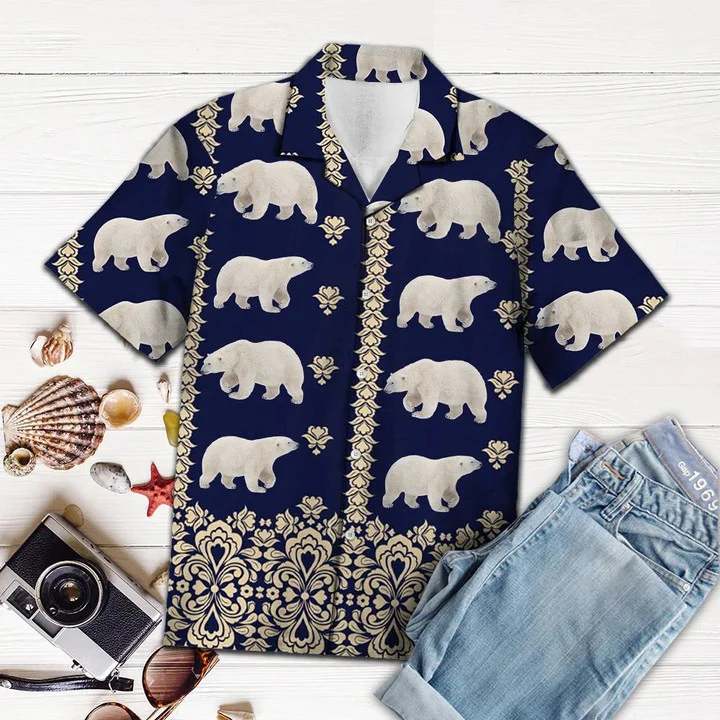 Bear hawaiian shirt/ Great Gift For Polar Bear Lover Navy Pattern Hawaiian Shirt
