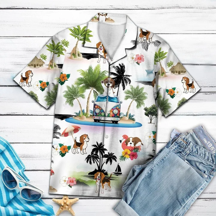 Hippie Van Beagle Summer Vacation On Island Hawaiian Shirt