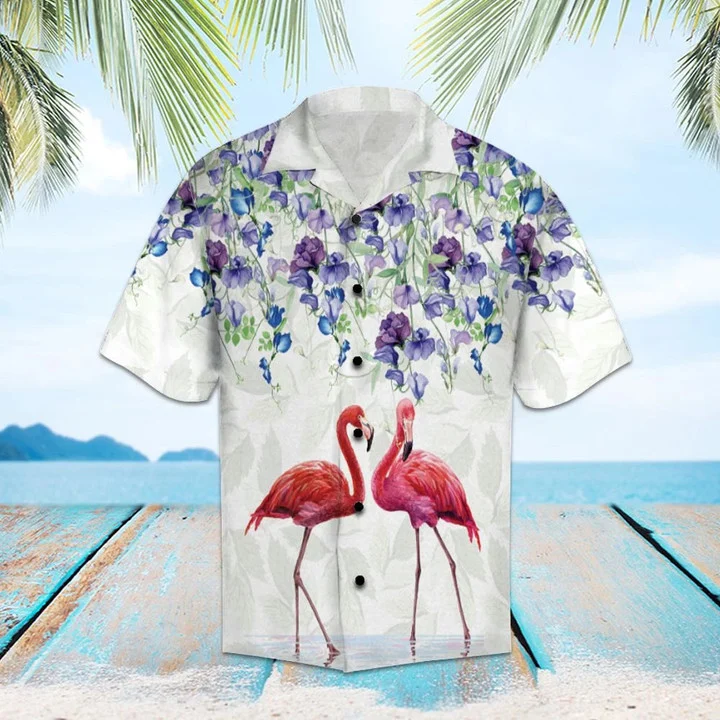Flamingo Couple Love Flower Garden Pattern Hawaiian Shirt