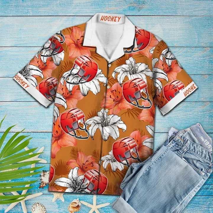 Flower Hawaiian shirt men/ Vivid Flower And Hockey Helmet Gift For Hockey Lover Hawaiian Shirt