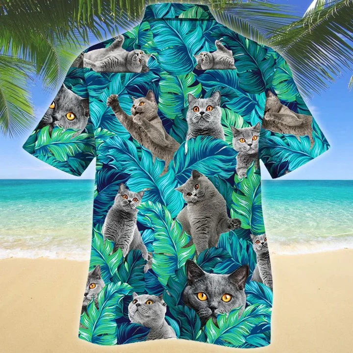 British Shorthair Cat Lovers Gift/ Cat Summer Beach Palm Tree Hawaiian Shirt