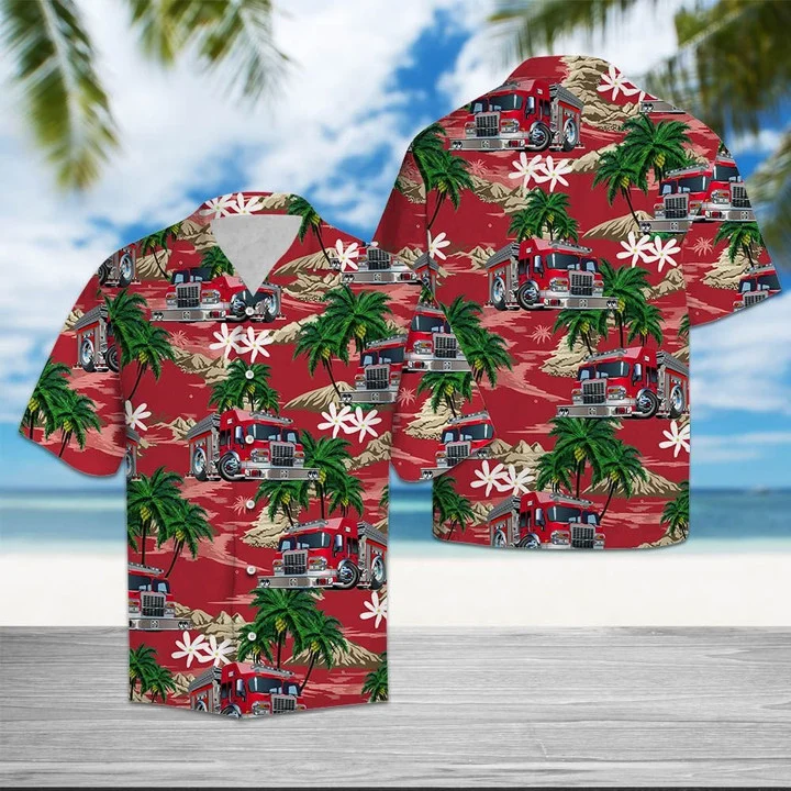 Multicolor Firefighter Car Palm Island Pattern Hawaiian Shirt