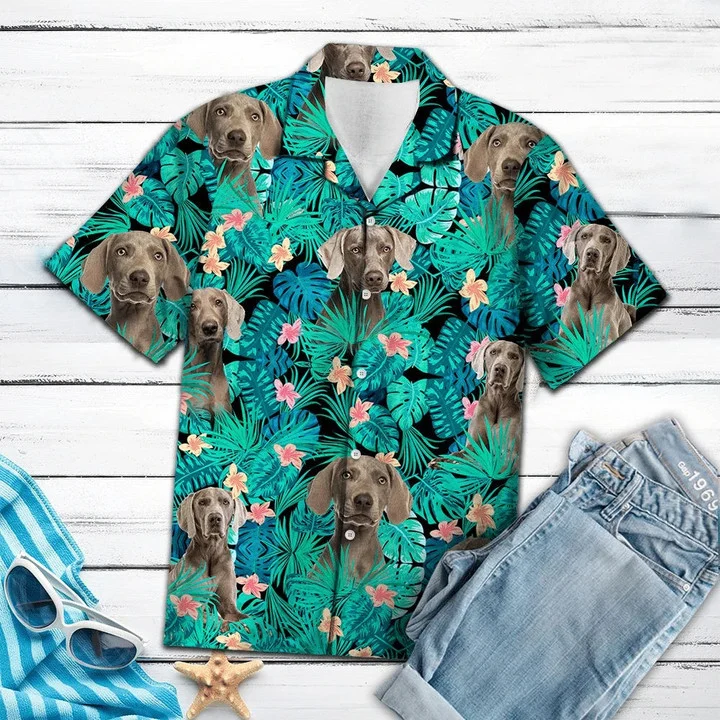 Weimaraner Tropical Flower Pattern Turquoise Theme Hawaiian Shirt