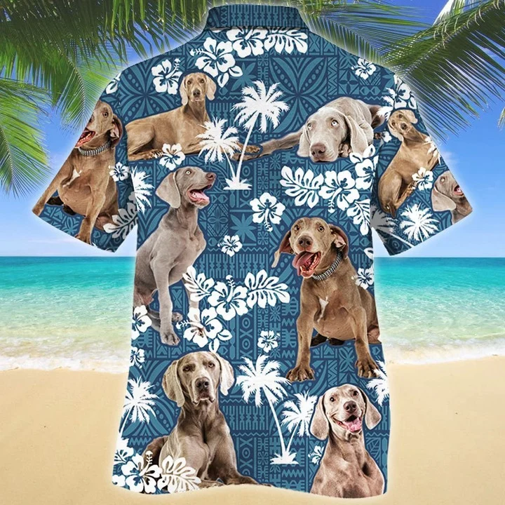 Smart Weimaraner Dog Lovers Blue Tribal Hawaiian Shirt- Summer Button Down Mens Hawaiian Shirts Short Sleeve