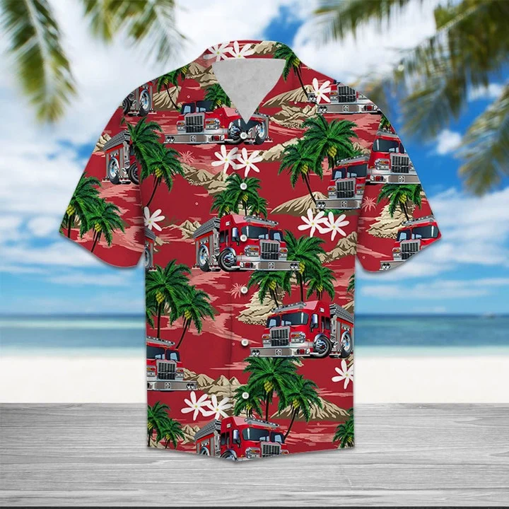 Multicolor Firefighter Car Palm Island Pattern Hawaiian Shirt