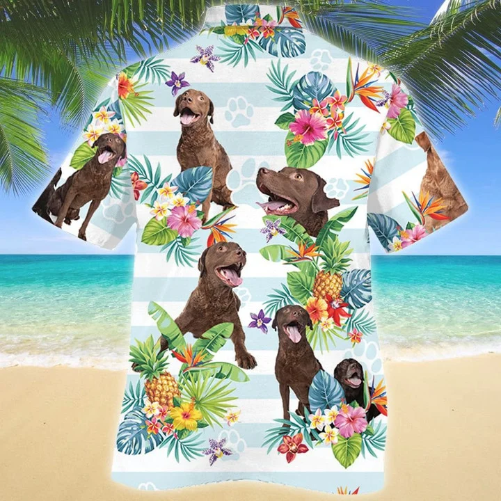Chesapeake Bay Retriever Dog Tropical Flower Paw Hawaiian Shirt - Summer Button Down Mens Hawaiian Shirts Short Sleeve