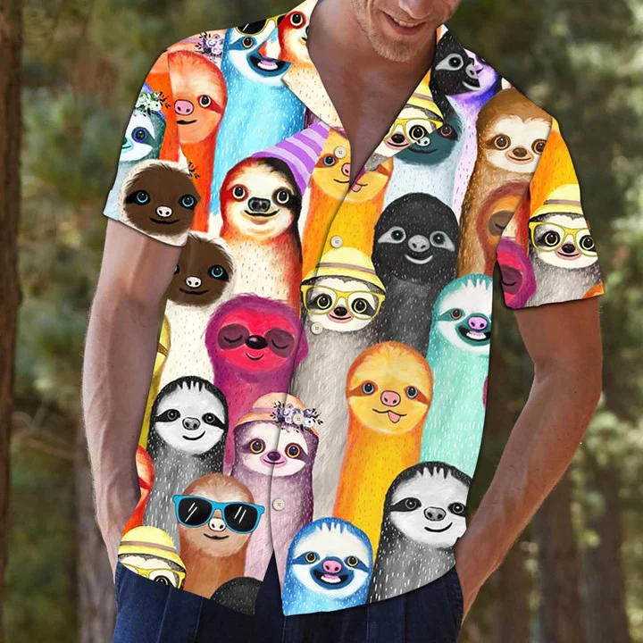Colorful Sloth Wear Hat Art Hawaiian Shirt