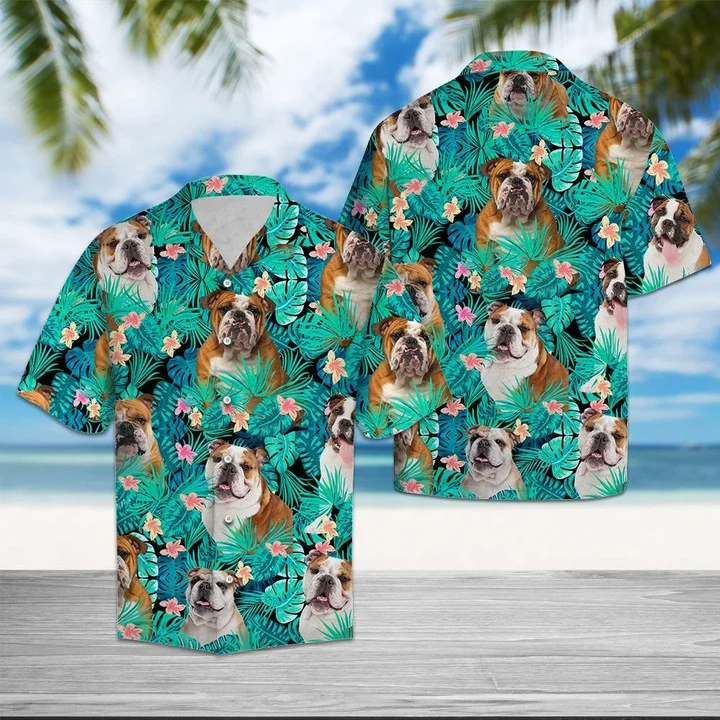 Bulldog Lovers Tropical Palm Tree Leaves Summer Vacation Aloha Hawaiian Shirt