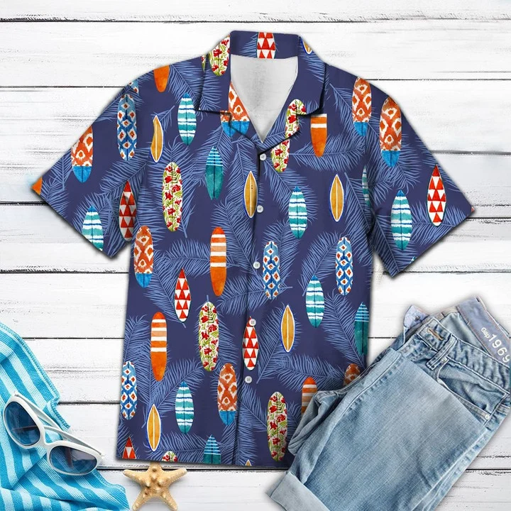Tropical Surfboard Summer Beach Palm Tree Leaves Hawaiian Shirt