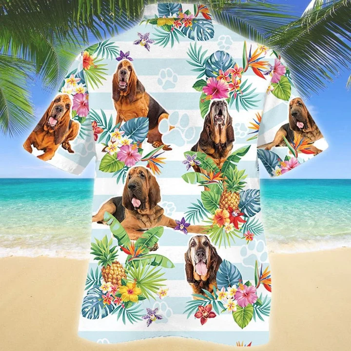 Blue Stripesd Bloodhound Dog Tropical Flower Hawaiian Shirt