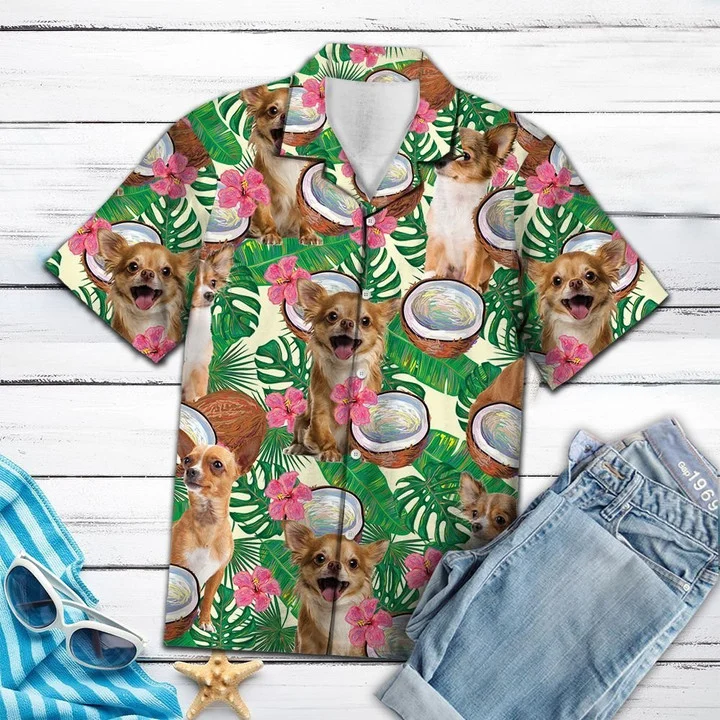 Happy Chihuahua Hide In Tropical Coconut Jungle Pattern Hawaiian Shirt