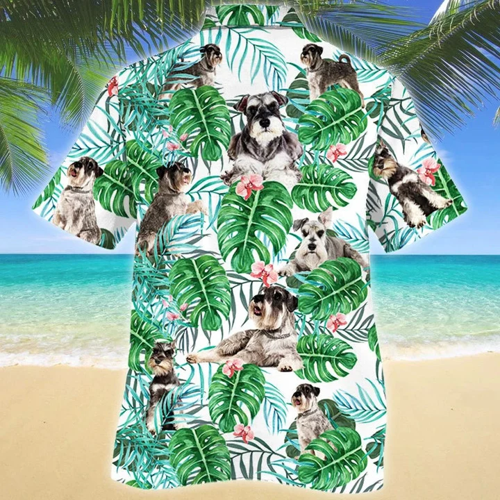 Miniature Schnauzer Dog Tropical Plant Montera Leaves Pattern Hawaiian Shirt