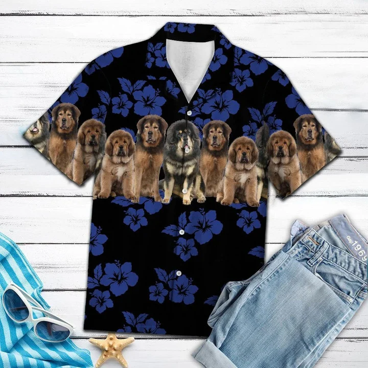 Awesome Tibetan Mastiff Dog Group On Hibiscus Hawaiian Shirt