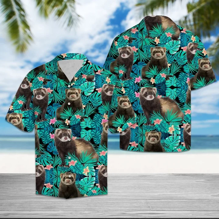 Happy Ferret Tropical Palm Leaves Summer Vacation Gift Hawaiian Shirt