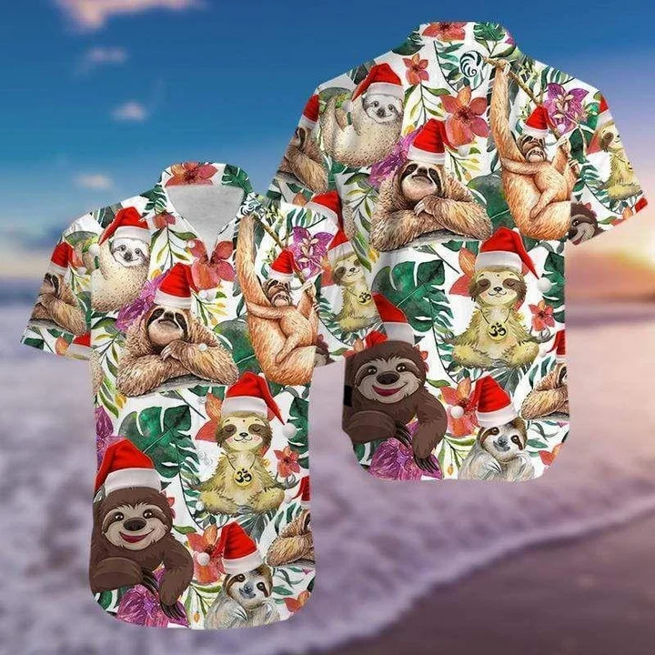 Funny Sloth Merry Christmas Tropical Leaves Vintage Style Design Hawaiian Shirt