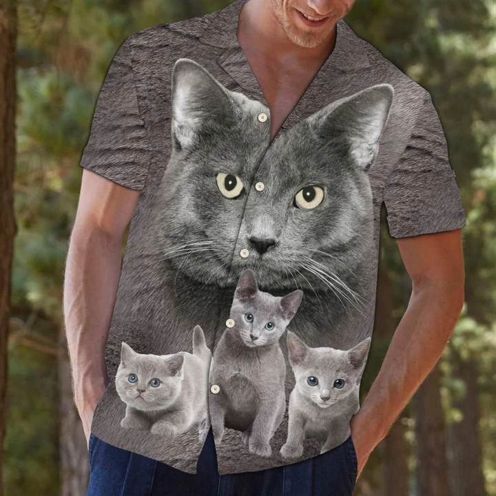 Gray Russian Cat Staring At You Hawaiian Shirt