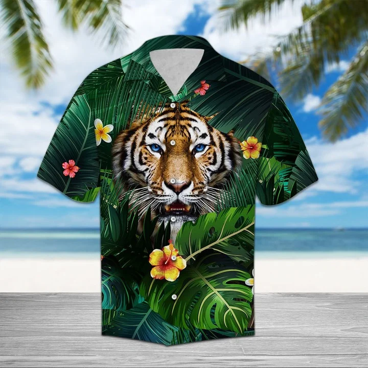 Hiding Tiger In Flower And Leaves Hawaiian Shirt/ Short Sleeve Hawaiian Aloha Shirt for men and women