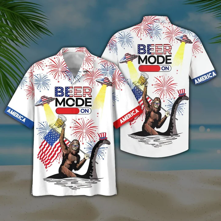Beer Mode On Bigfoot Ufo White Hawaiian Shirt/ Short Sleeve Hawaiian Aloha Shirt for men