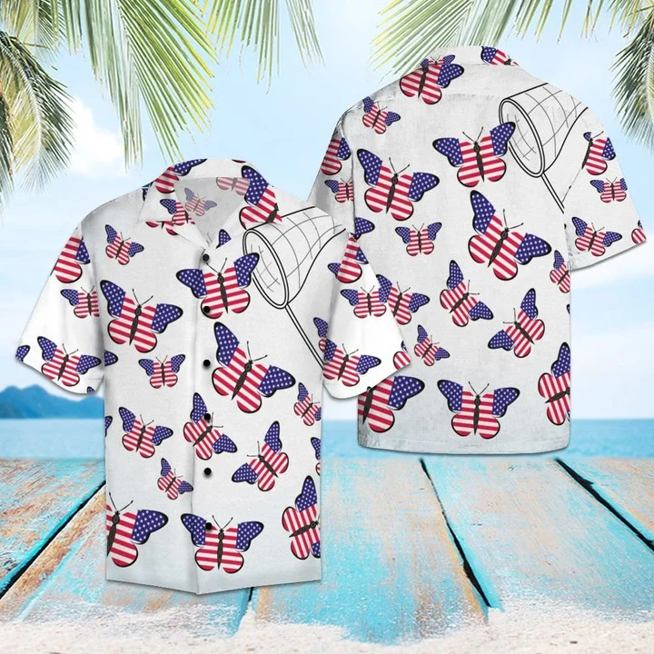 Amazing Butterflies With American Flag Hawaiian Shirt/ Short Sleeve Hawaiian Aloha Shirt for men