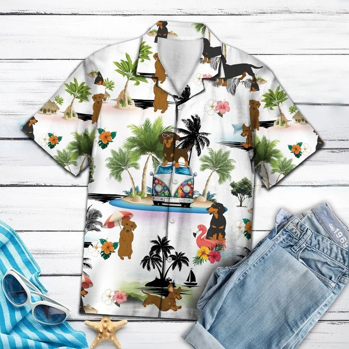 Hippie Van Dachshund Dog Enjoy The Vacation On Island Hawaiian Shirt/ Short Sleeve Hawaiian Aloha Shirt for men