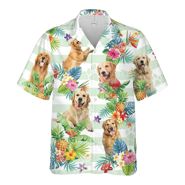 Blue Striped Golden Retriever Dog Tropical Flower Hawaiian Shirt for Men and women