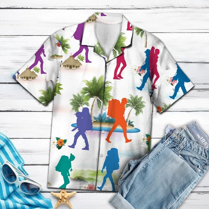 Colorful Hiking With Palm Trees Hawaiian Shirt for Men