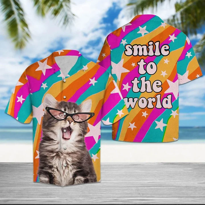 Cute Pink Glasses Cat Smile To The World Hawaiian Shirt/ Gift for cat lovers