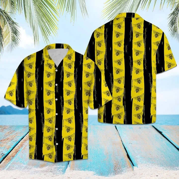 Black Stripes In Yellow Bees Design Hawaiian Shirt
