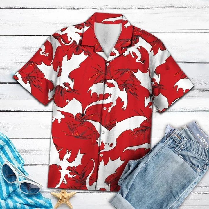White Dragon Flying Red Hawaiian Shirt for Men/ women