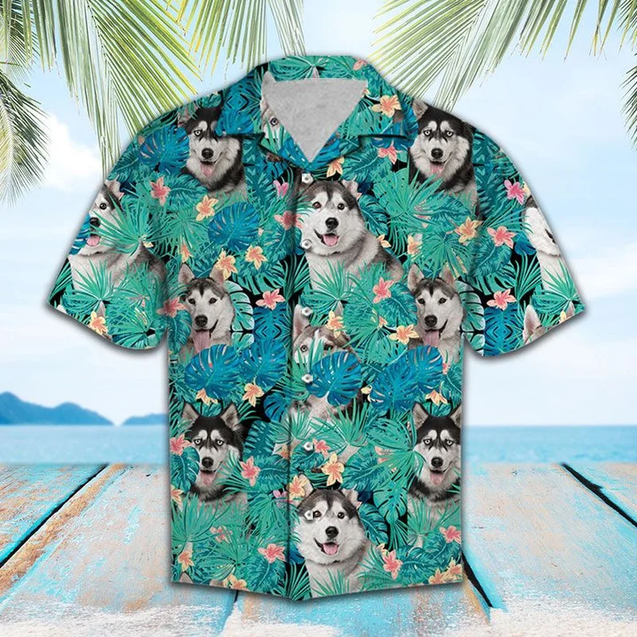 Lovely Siberian Husky In Tropical Palm Leaves Summer Hawaiian Shirt