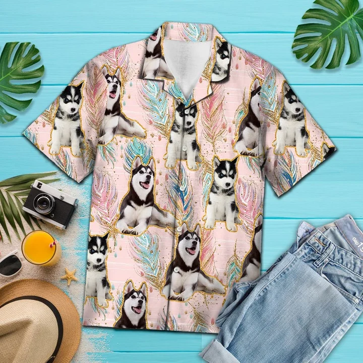 Playful Siberian Husky Boho Feather Pattern Hawaiian Shirt