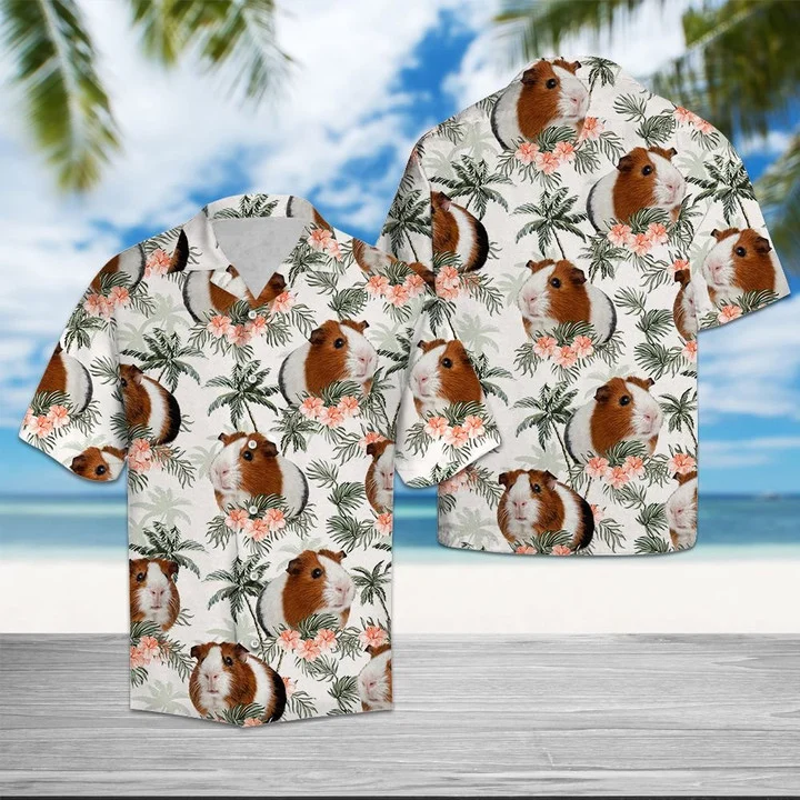 Guinea Pig With Flowers And Leaves Hawaiian Shirt/ Summer Short Sleeve Hawaiian Aloha Shirt