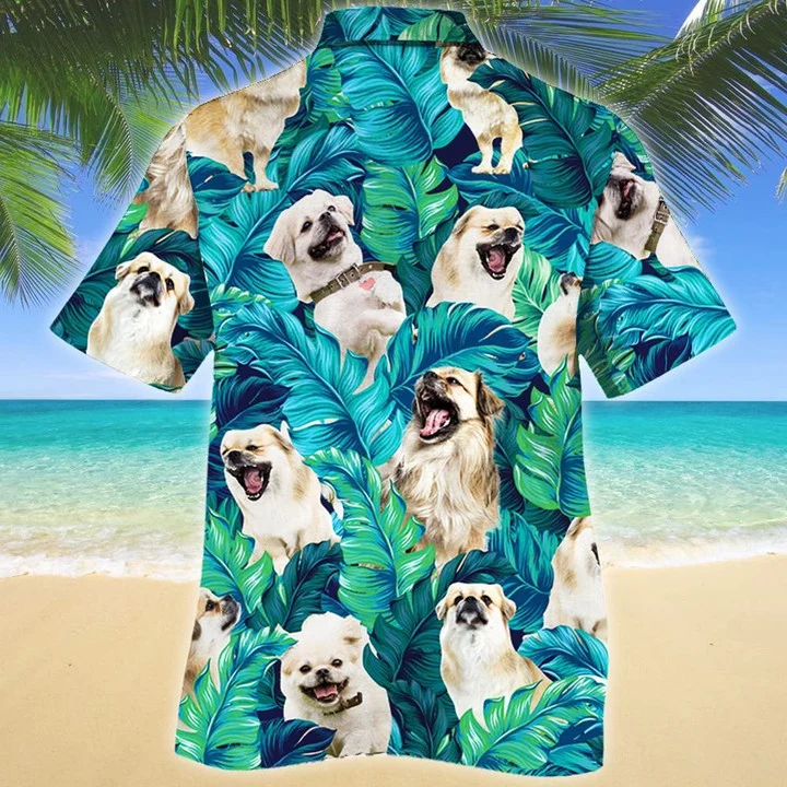 Smiling Tibetan Spaniel Dog Tropical Palm Leaves Hawaiian Shirt/ Summer hawaii shirt for Men women