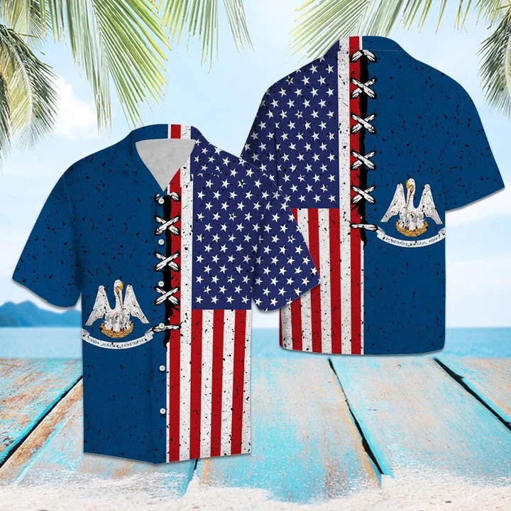 Retro Style Louisiana Usa Flag Pattern Hawaiian Shirt/ Summer hawaii shirt for Men women