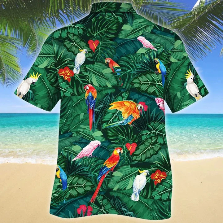 Tropical Parrots Dark Green Hawaiian Shirt/ Summer aloha hawaii shirt for Men women