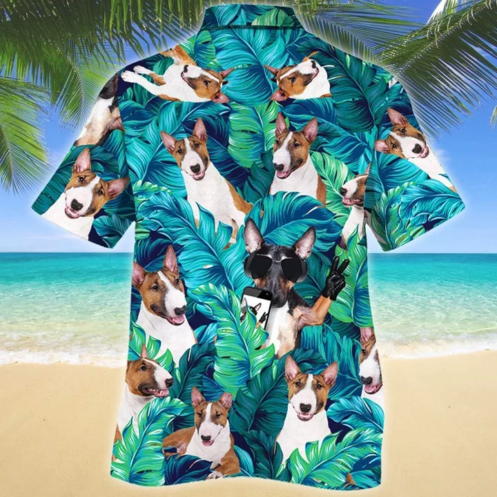 Miniature Bull Terrier Dog Summer Beach Palm Tree Hawaiian Shirt/ Summer aloha hawaii shirt for Men women