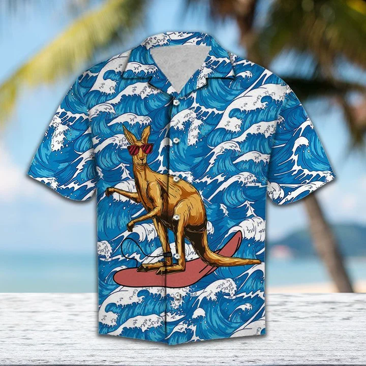 Red Glasses Kangaroo Surfing On Ocean Waves Hawaiian Shirt