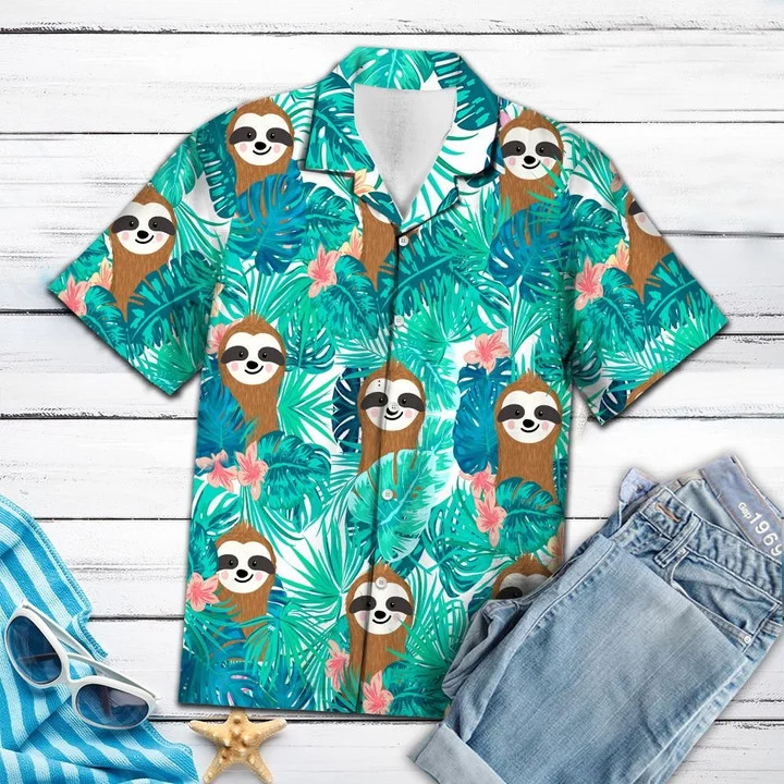 Smiling Sloth With Tropical Palm Leaves Summer Hawaiian Shirt/ Short Sleeve Hawaiian Aloha Shirt