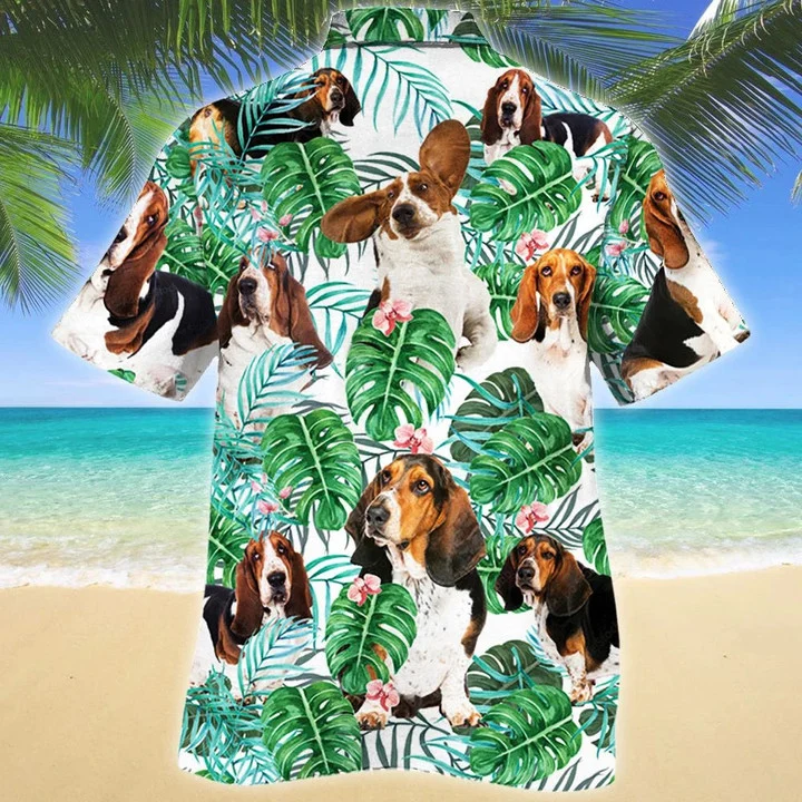 Basset Hound Dog Tropical Plant Leaves Pattern Hawaiian Shirt/ Short Sleeve Hawaiian Aloha Shirt