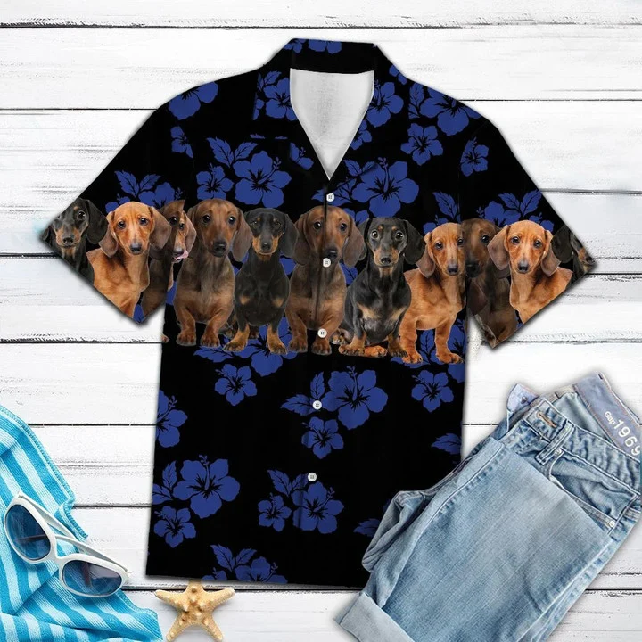 Dachshund Dogs With Blue Hibiscus In Black Hawaiian Shirt for men and women/ Gift for dog lovers
