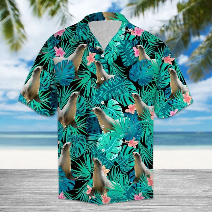 Happy Seal Playing In Tropical Jungle Pattern Hawaiian Shirt